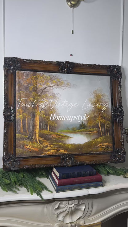 Vintage Oil Painting by W. Johnson — “Peacefulness by the Lake” — Ornate Carved Gilt Louis Frame
