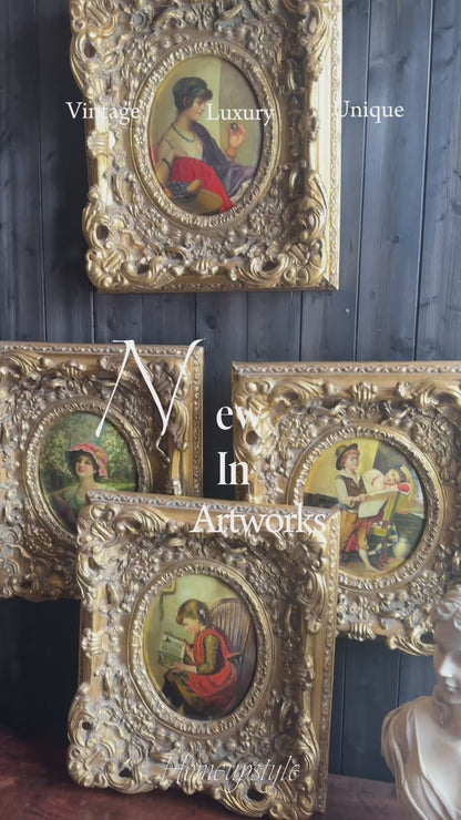 Antique 19th Century Oil Paintings – Rococo Gesso Frames, Convex Wood Panels