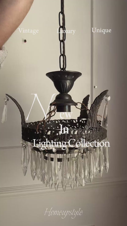 Vintage French Crystal Chandelier 1950s | Antique Cast Iron 2 Tier Lighting | Crystal Drop Fixture