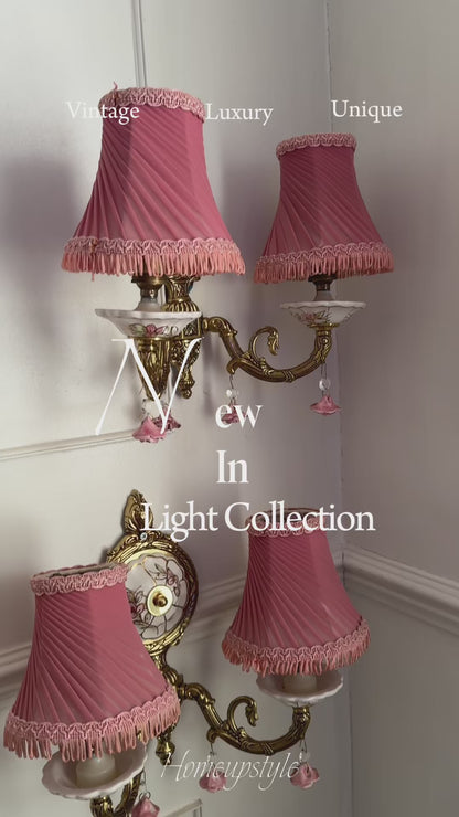 Vintage Capodimonte Chandelier , Wall Lights – Pink Floral Ceramic & Gilt Brass Lighting