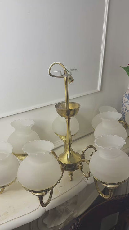 Vintage Satin Brass Chandelier with Matching Wall Lights – 5 Light Brass Ceiling Fixture & Pair of Brass Wall Sconces with Glass Shades
