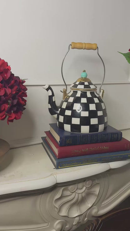 Black & White Checked Ceramic Teapot – Inspired by MacKenzie-Childs Courtly Check – 1.5L Harlequin Tea Pot