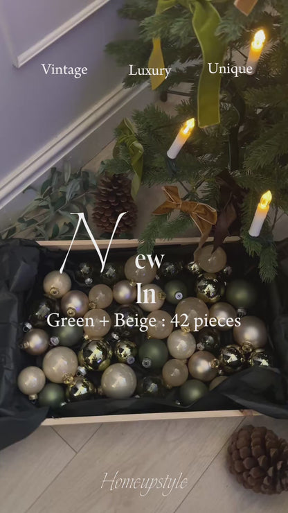 Beige & Green European Glass Christmas Baubles – Mixed Sizes, Set of 42