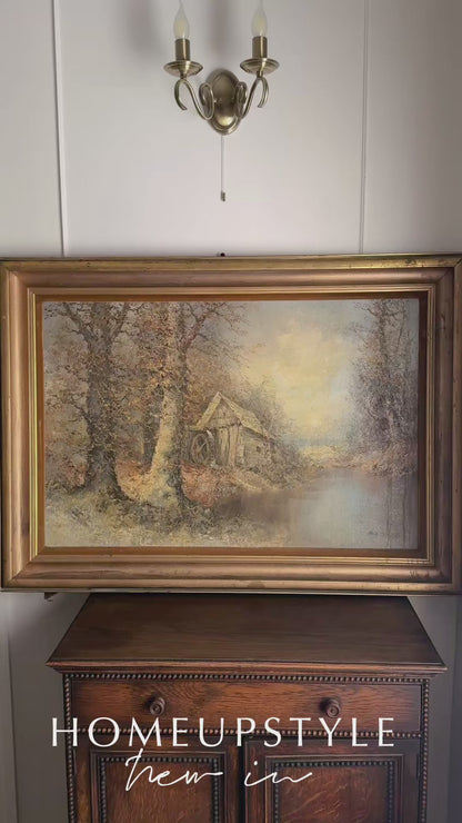 Large Vintage Oil Painting by Wilhelm Brauer German Watermill Landscape in Solid Wood Frame