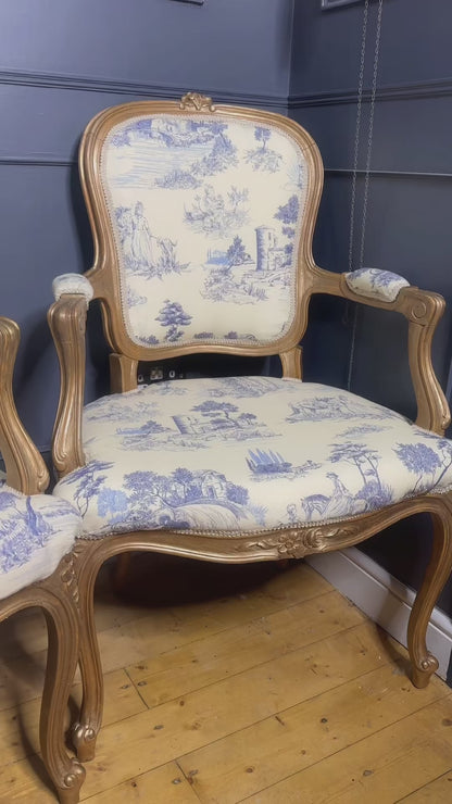 French Louis XV Gilt Blue Toile De Jouy Fabric Armchairs (Pair)