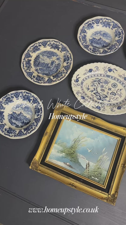Grand Heritage Wall Set – Blue & White English Plates with Ornate Framed Painting