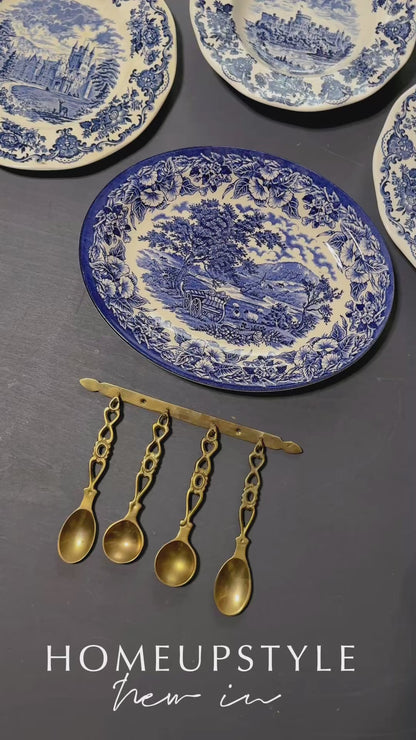 Vintage Kitchen Gallery Wall Set : Blue & White - Willow Style English Plates + Brass Spoons
