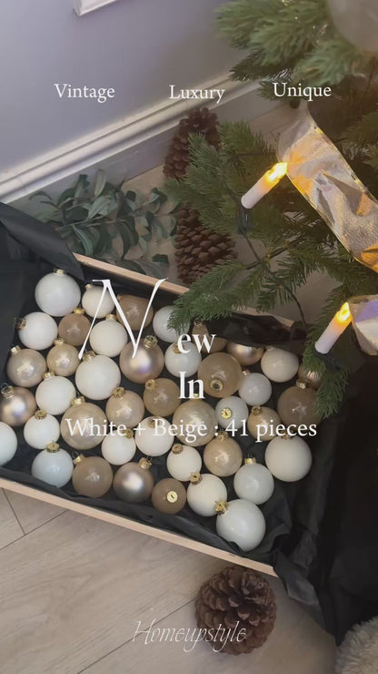 Beige & Pearl White European Glass Christmas Baubles – Mixed Sizes, Set of 41
