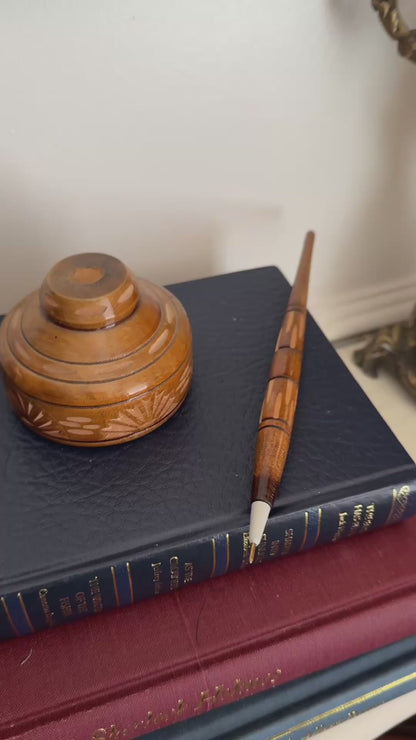 Vintage Carved Wooden Pen with Holder – Refillable & Handcrafted Elegance