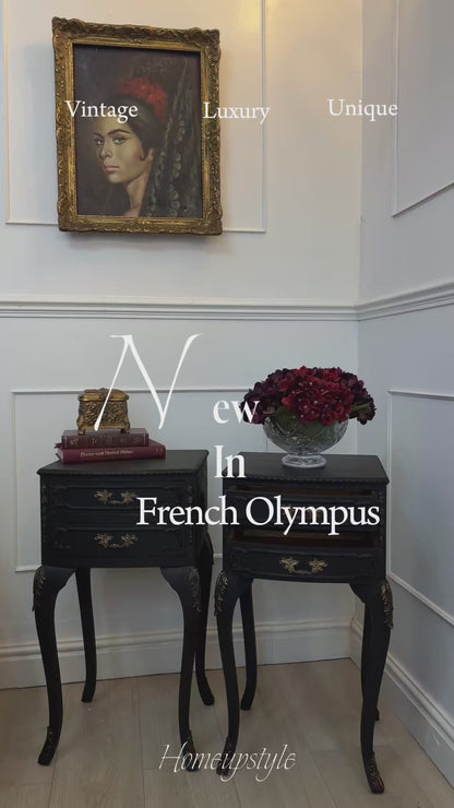 Vintage French Olympus Bedside Tables – Black & Gold | Harrods Olympus | Ornate Upcycled Nightstands