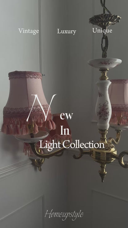 Capodimonte Style Brass and Fine Ceramic Vintage Chandelier + Wall Light Set | Porcelain White & Pink Flowers | Imported from Spain