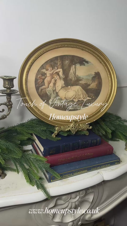 Vintage Stipple Engraving 'Cupid': Oval Giltwood Frame Wall Art