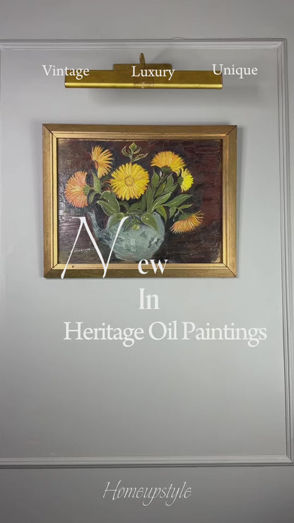 Vintage Dark Green Floral Display Oil Painting by Arnold in Gold Frame