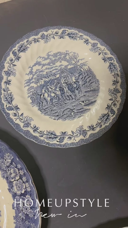 Vintage Kitchen Gallery Wall Set: Blue & White Willow Style English Plate Set