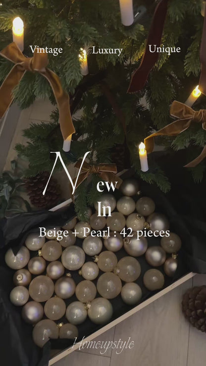 Beige European Glass Christmas Baubles – Mixed Sizes, Set of 42