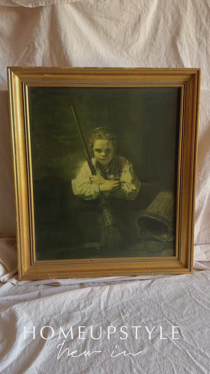 Rembrandt “A Girl with a Broom” Framed Vintage Dutch Print | Heavy Gilt Frame