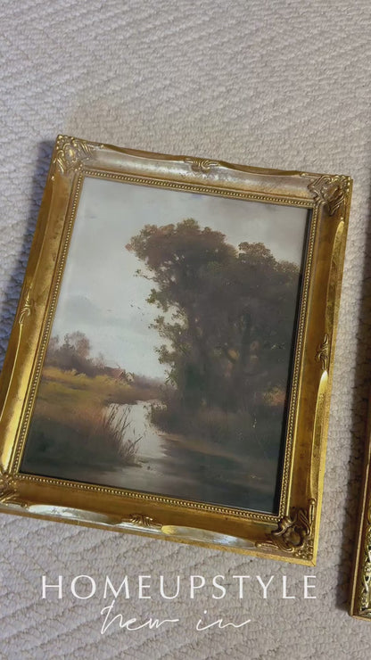 Autumn Vintage Watercolour in Antique Original European Ornate Gilt Frame