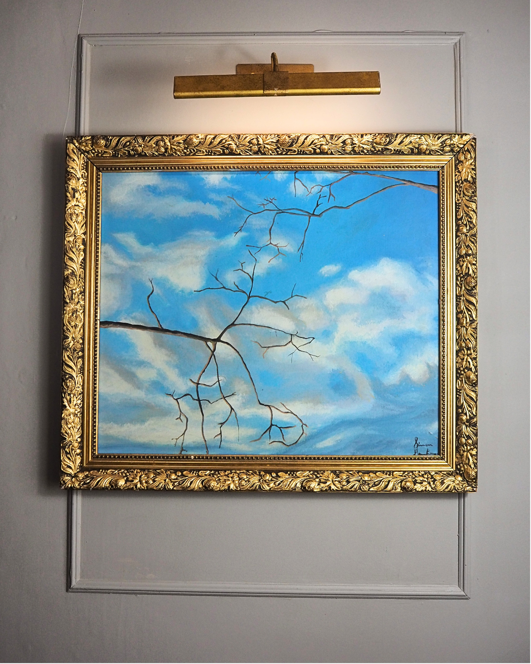 Blue Sky -Large  Vintage Oil Painting in Gold Gilded Belvoir Frame