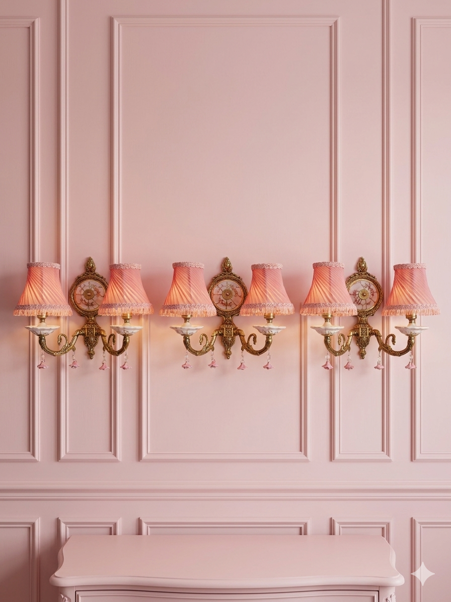 Vintage Capodimonte Wall Lights - 2 arm Scones  Pink Floral Ceramic & Gilt Brass
