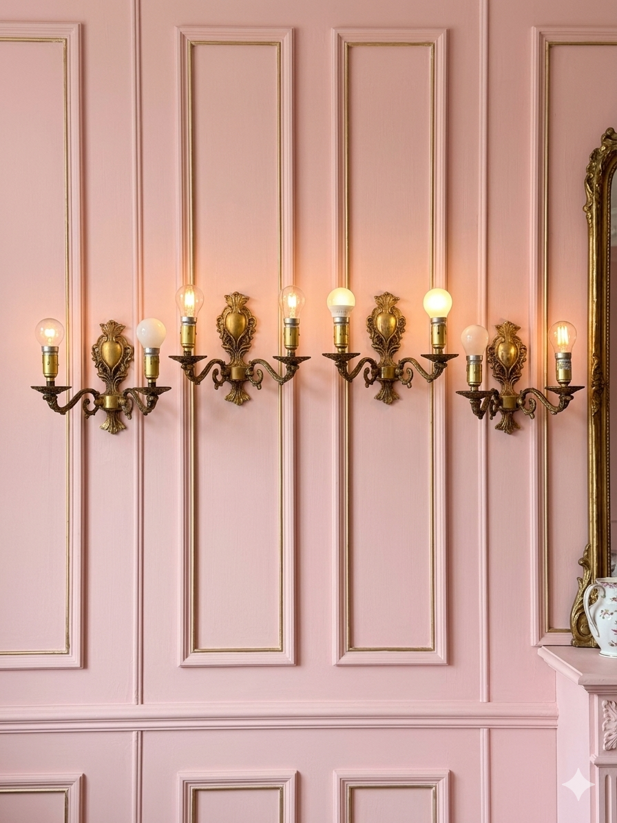 Small Antique Brass French Louis Style Brass 2-Arm Wall Lights
