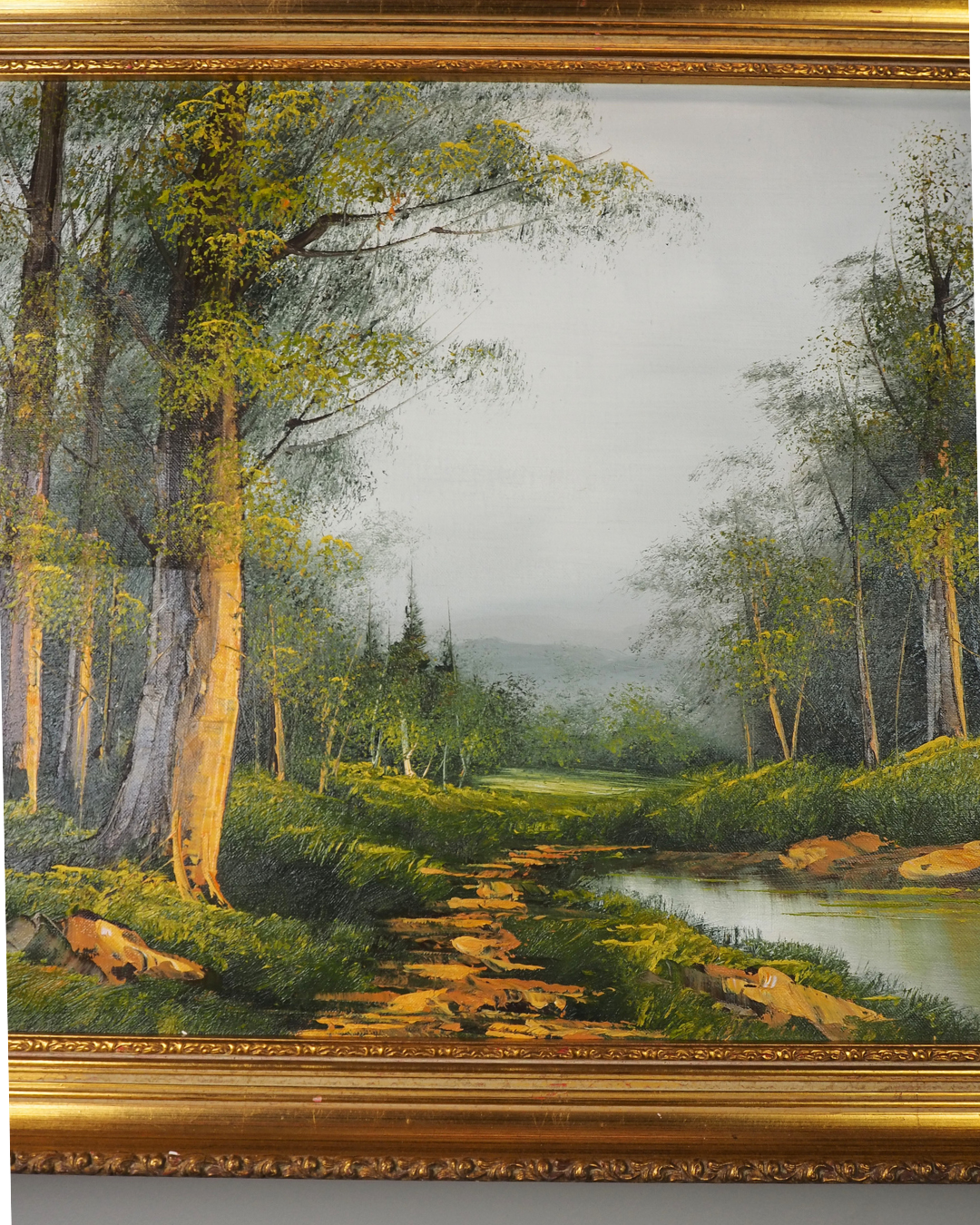 Vintage Mid-Century Oil Painting – Forest River Stream Landscape by W.Johnson