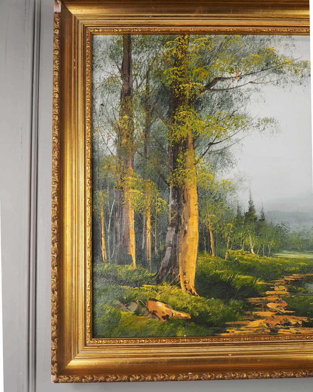 Vintage Mid-Century Oil Painting – Forest River Stream Landscape by W.Johnson