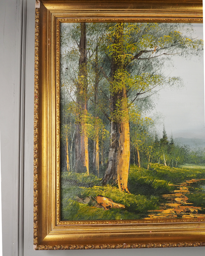 Vintage Mid-Century Oil Painting – Forest River Stream Landscape by W.Johnson
