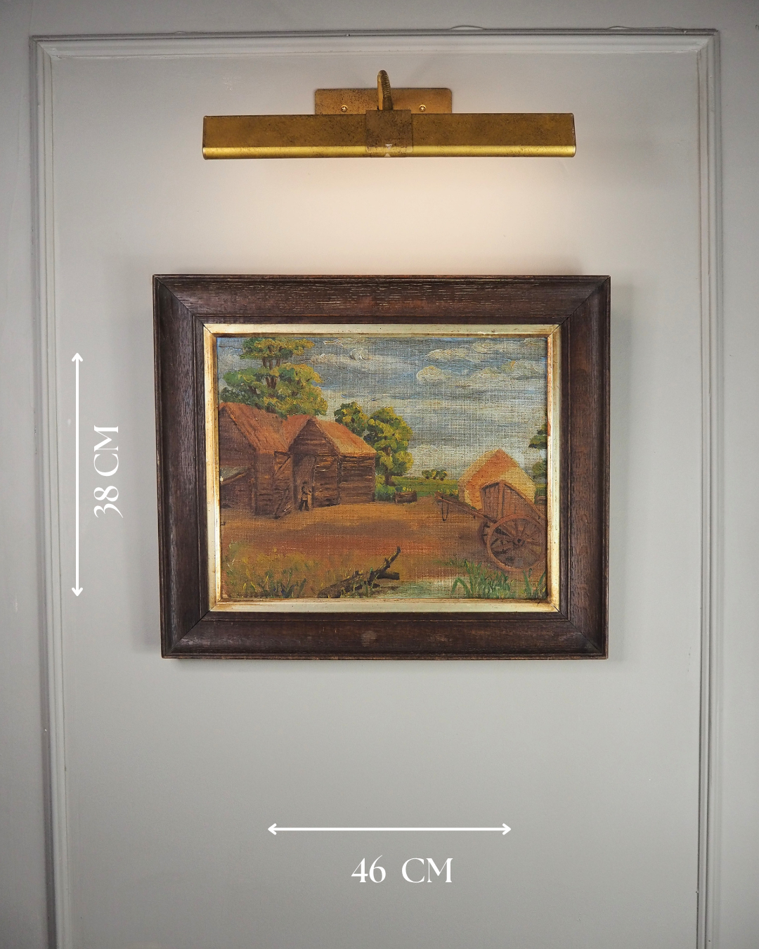 Antique Rustic Farm Landscape Oil Painting (c.1926–1930) – Hay Cart & Pond Scene