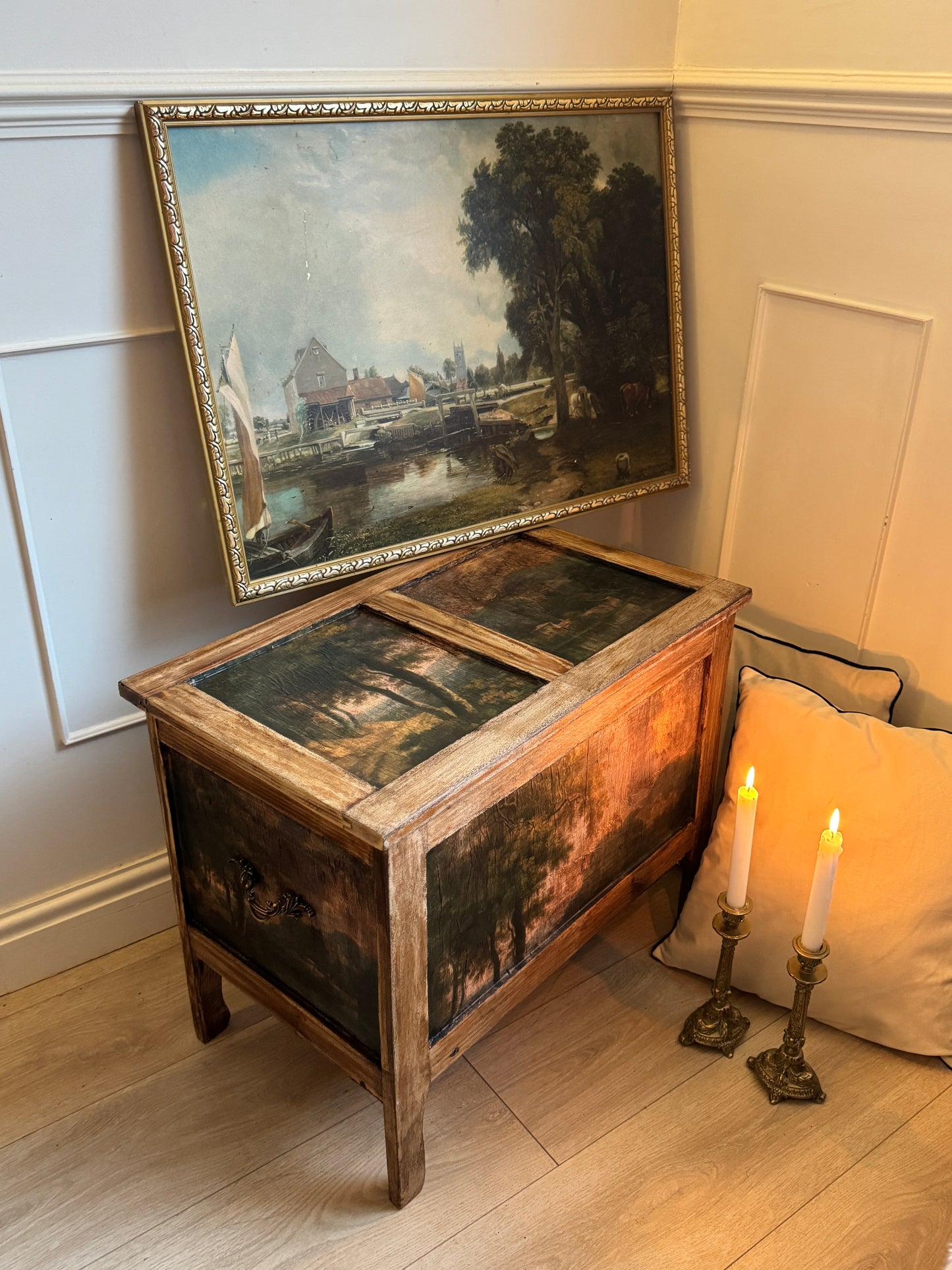 Vintage Oak Small Blanket Box – French Country Upcycled Trunk – Rustic Storage