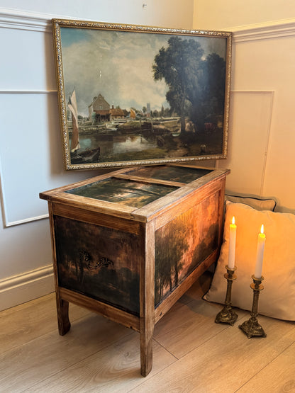 Vintage Oak Small Blanket Box – French Country Upcycled Trunk – Rustic Storage